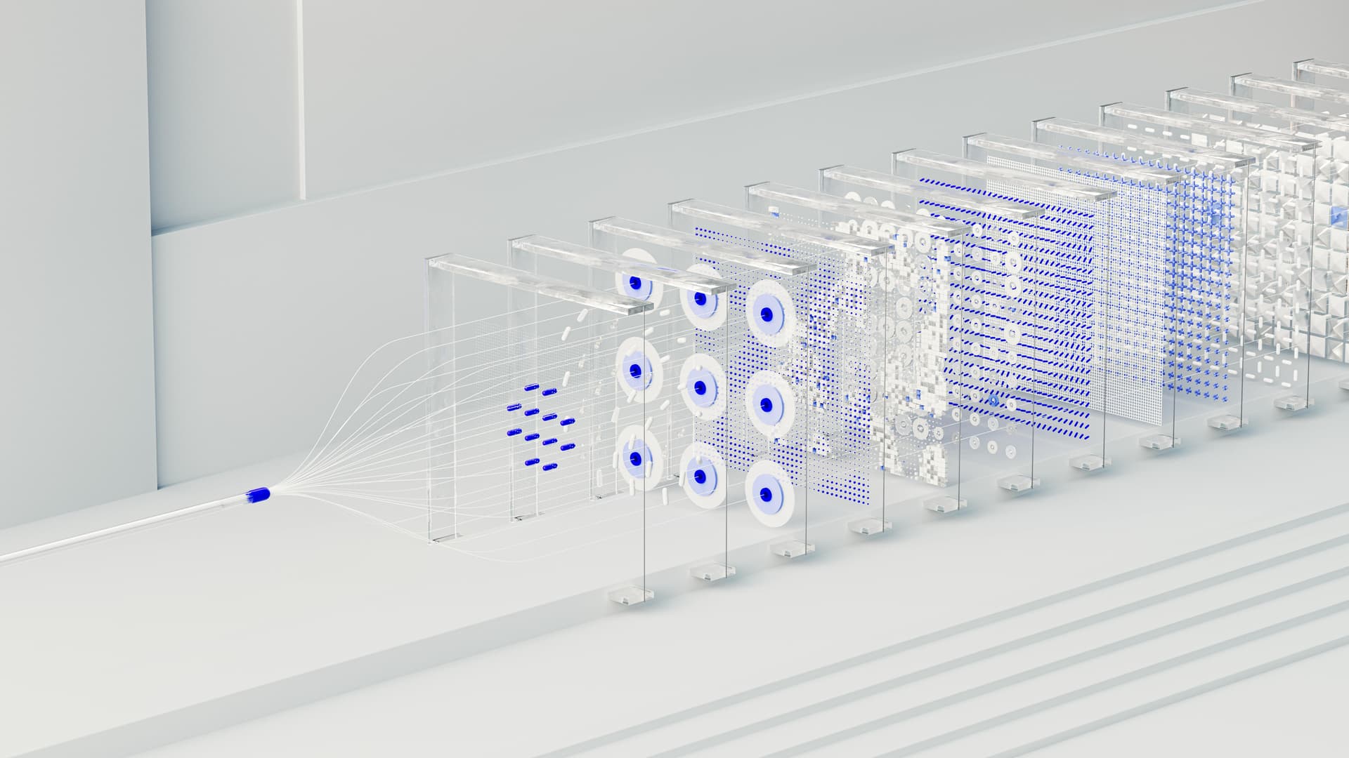 Abstract neural network visualisation showing connected nodes feeding into a central processing point, representing AI agents collaborating