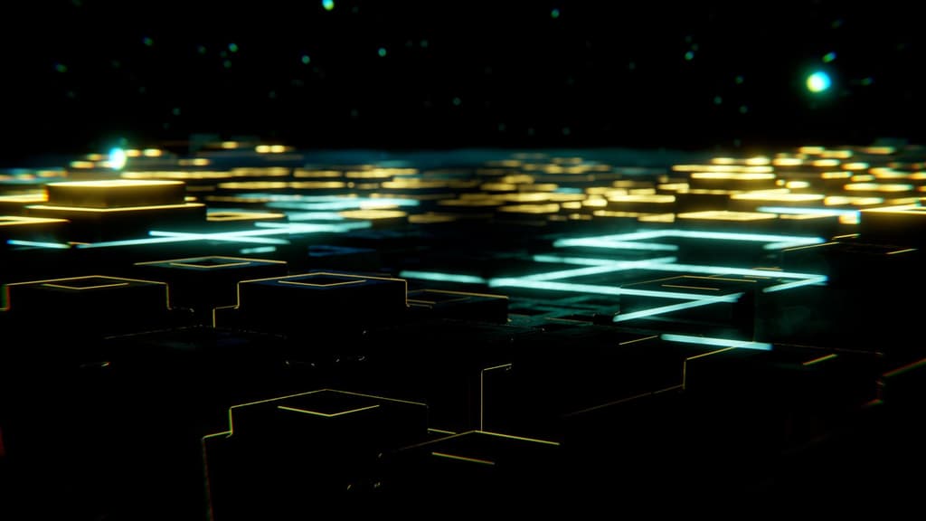 Glowing data pathways routed through a custom architecture